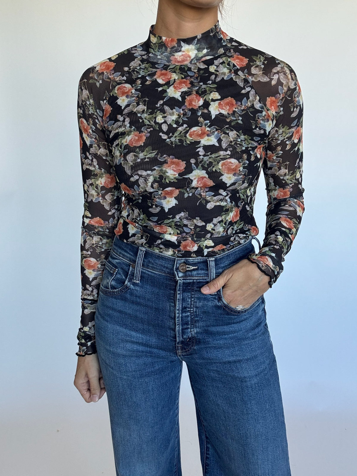 Floral Mesh Mockneck Top