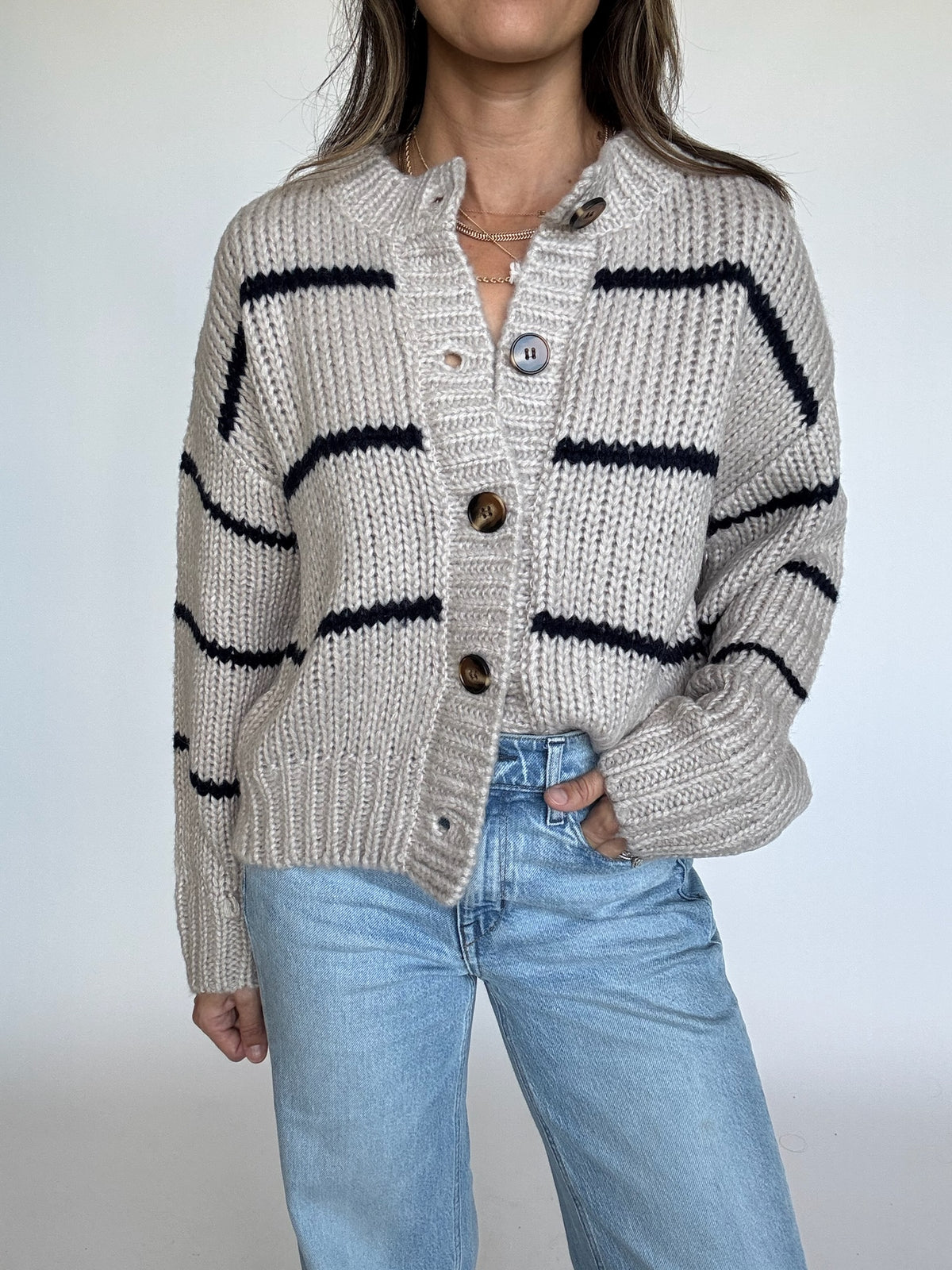 Hattie Striped Button Cardigan - Shell