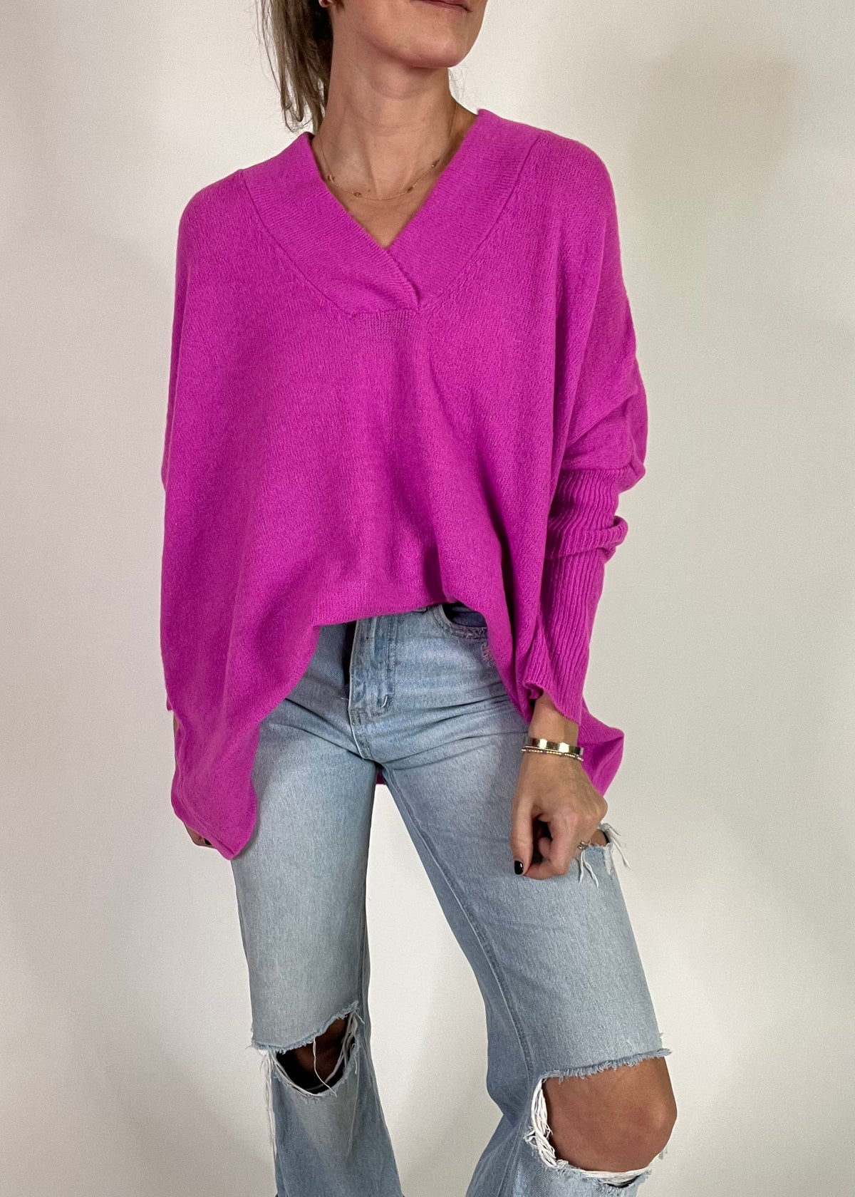 Oversized V-neck Sweater - Orchid