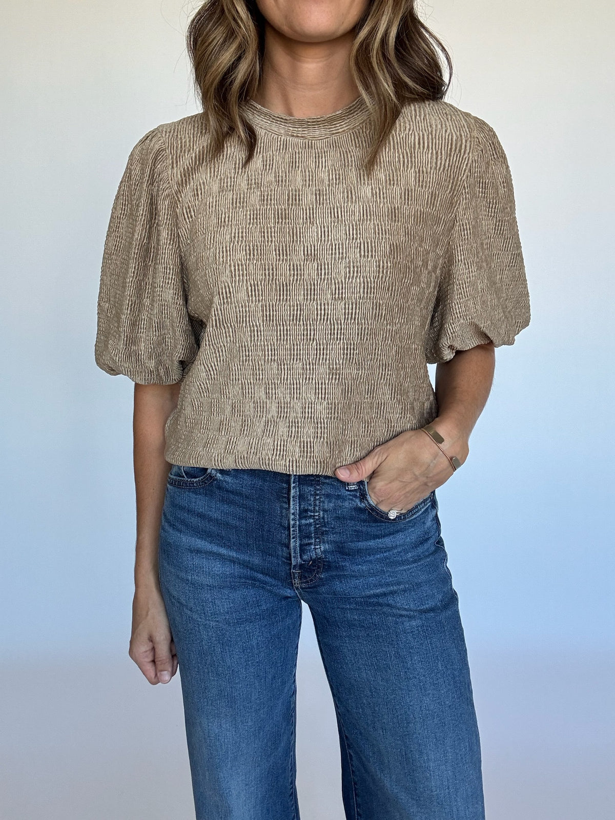 Taupe Textured Bubble Sleeve Top