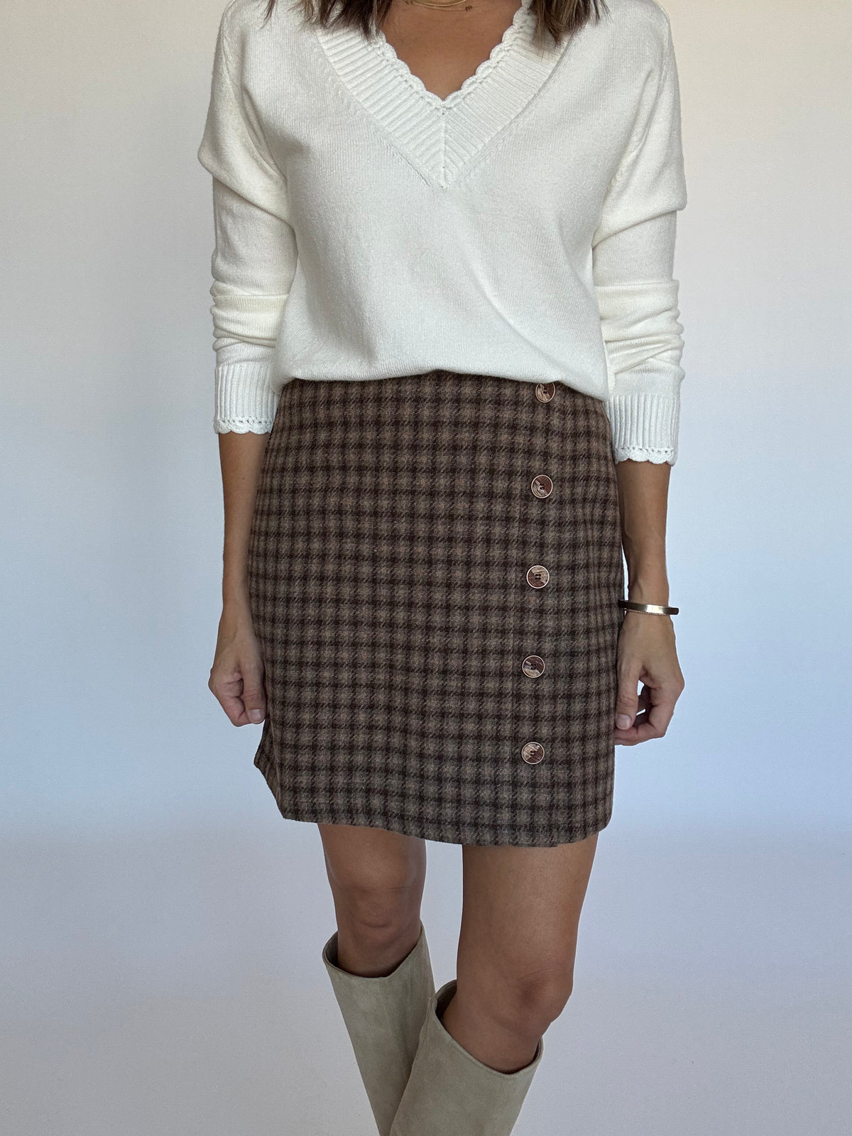 Button Front Plaid Mini Skirt