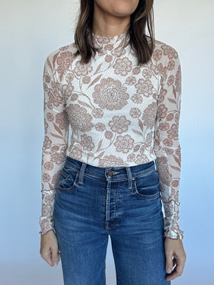 Neutral Floral Print Mesh Top