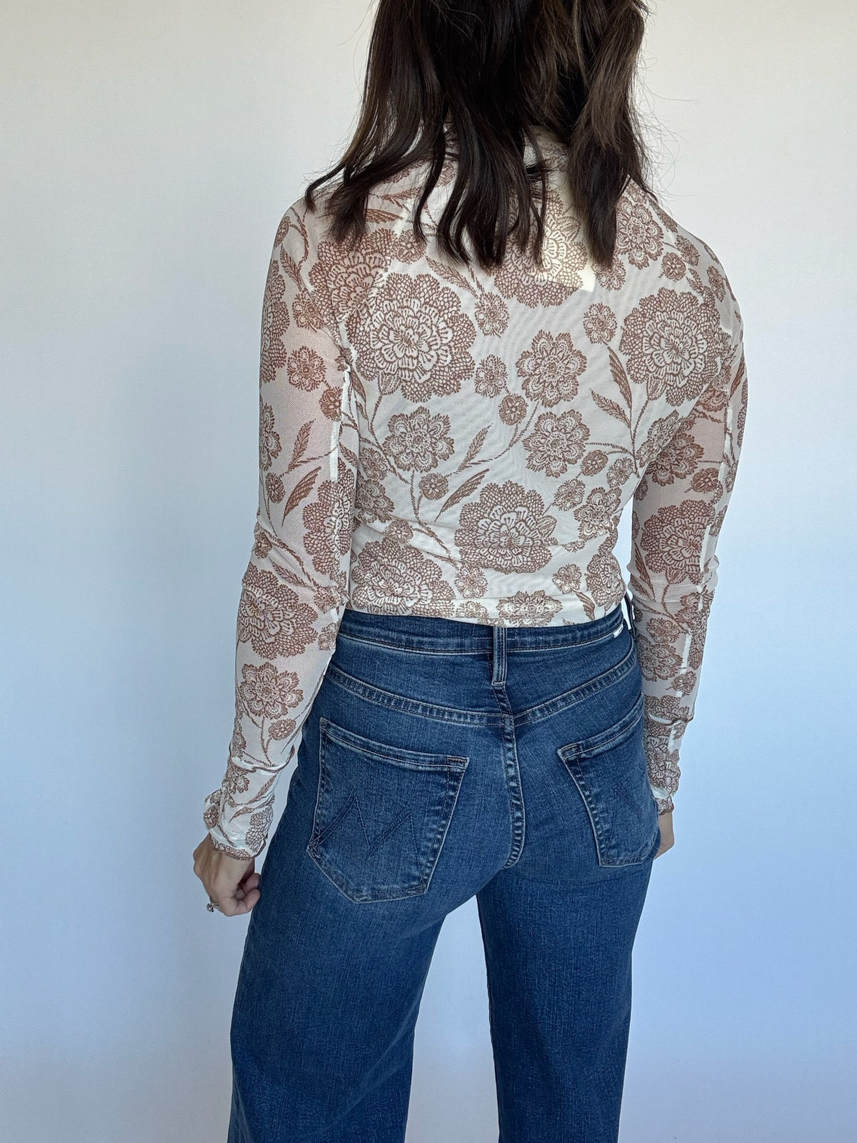Neutral Floral Print Mesh Top