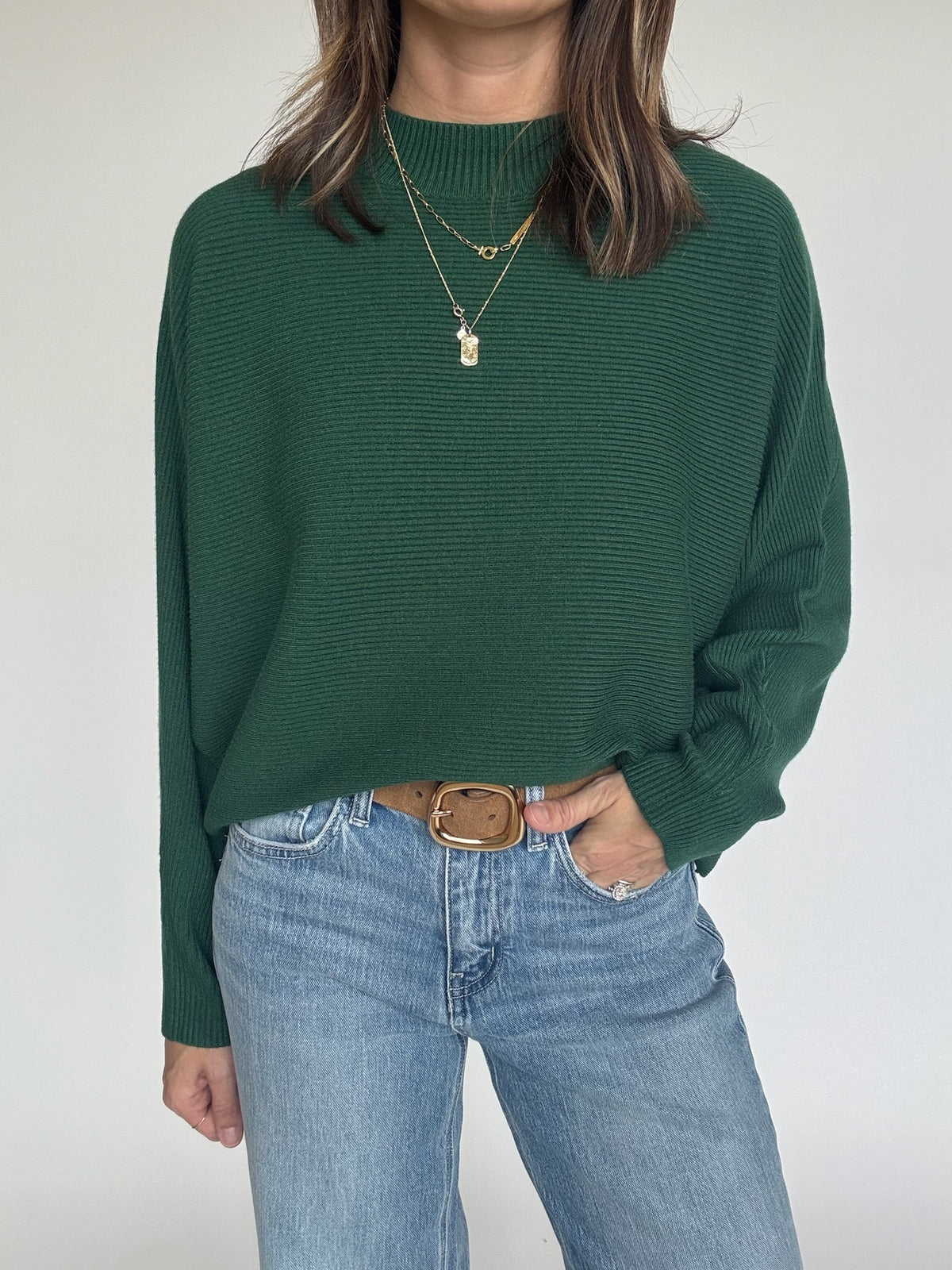 Ribbed Dolman Sleeve Sweater - Pine