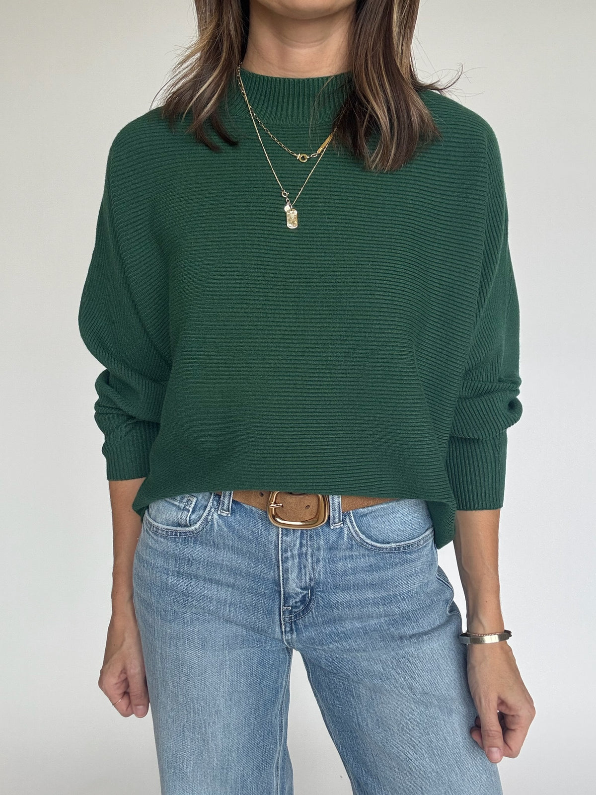 Ribbed Dolman Sleeve Sweater - Pine