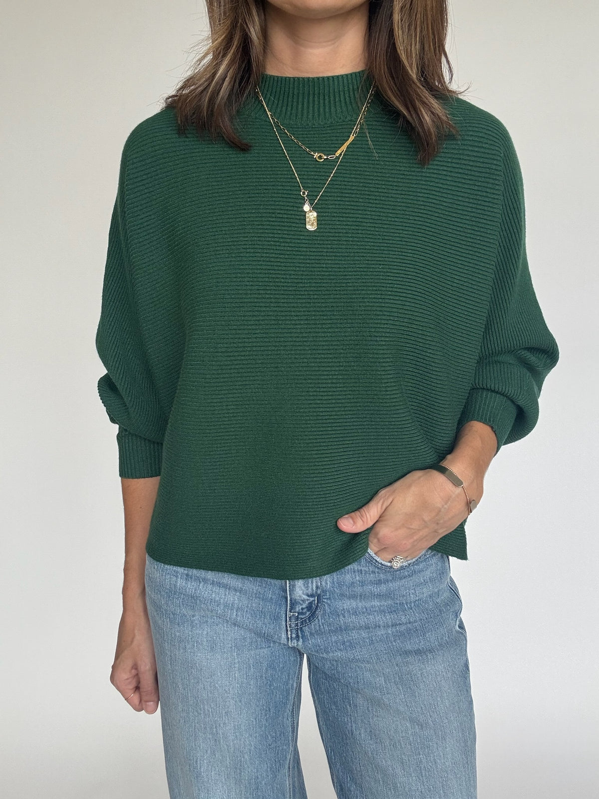 Ribbed Dolman Sleeve Sweater - Pine