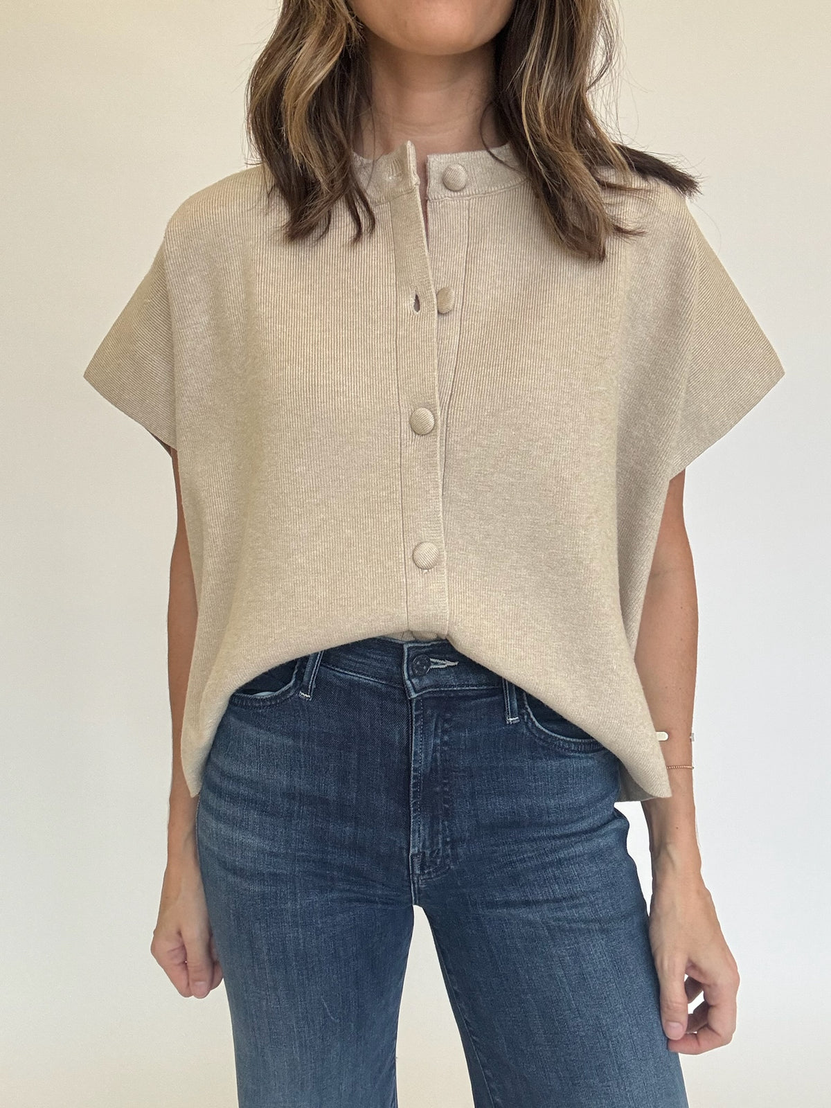 Button Down Cap Sleeve Sweater - Oatmeal