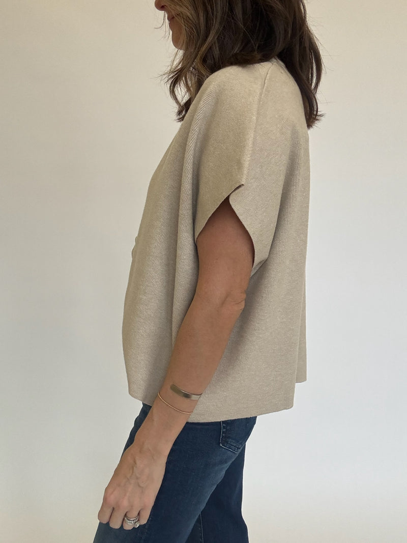 Button Down Cap Sleeve Sweater - Oatmeal
