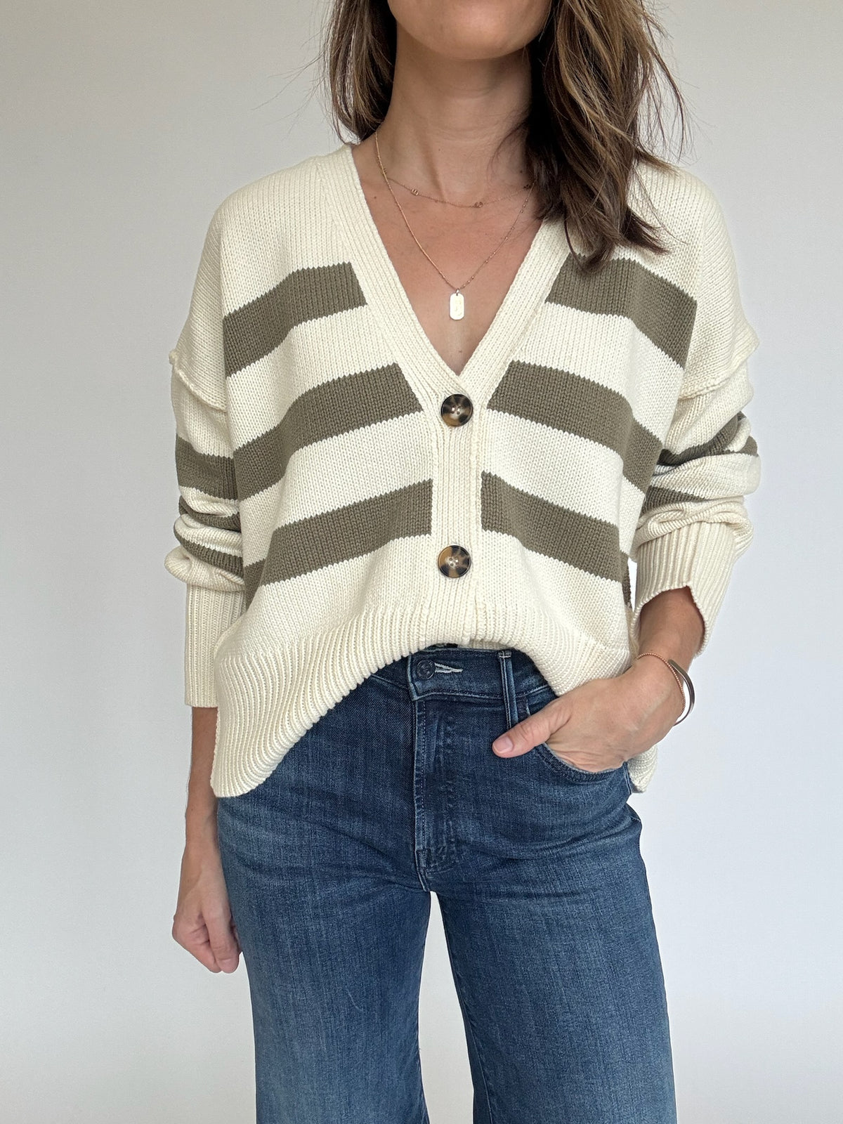 Olive Cream Striped Cardigan