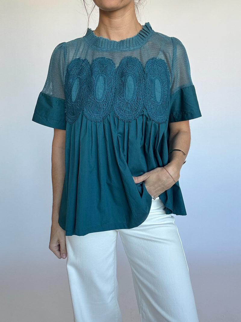 Asher Mesh Applique Top - Teal