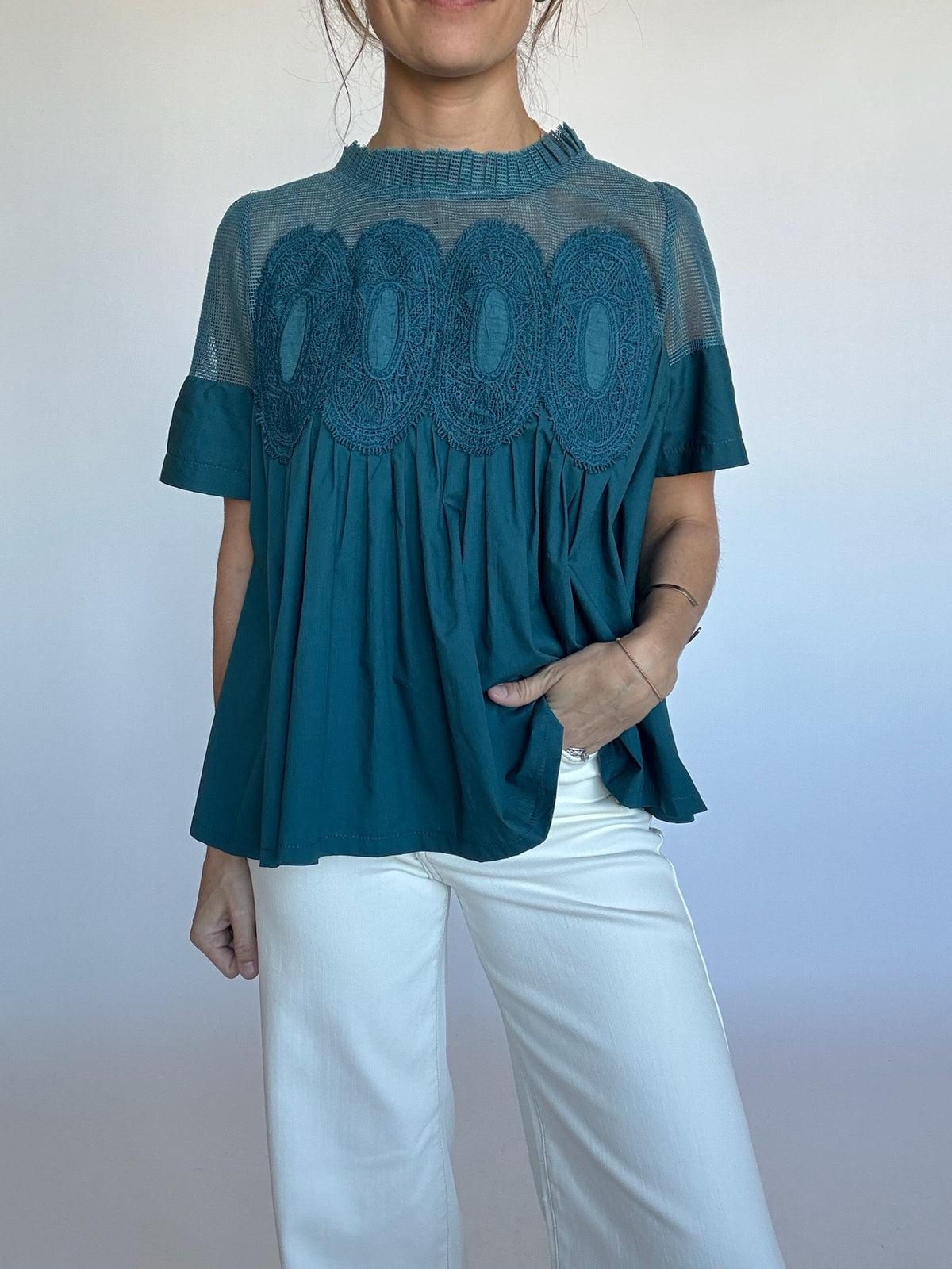 Asher Mesh Applique Top - Teal