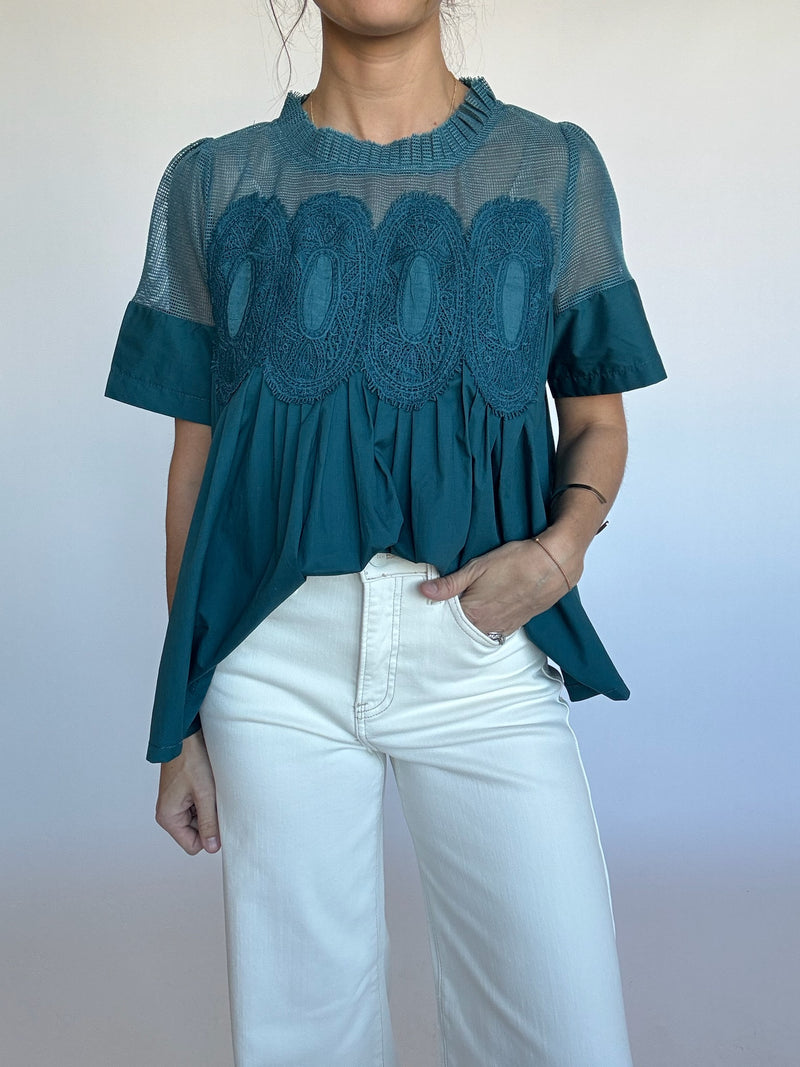Asher Mesh Applique Top - Teal