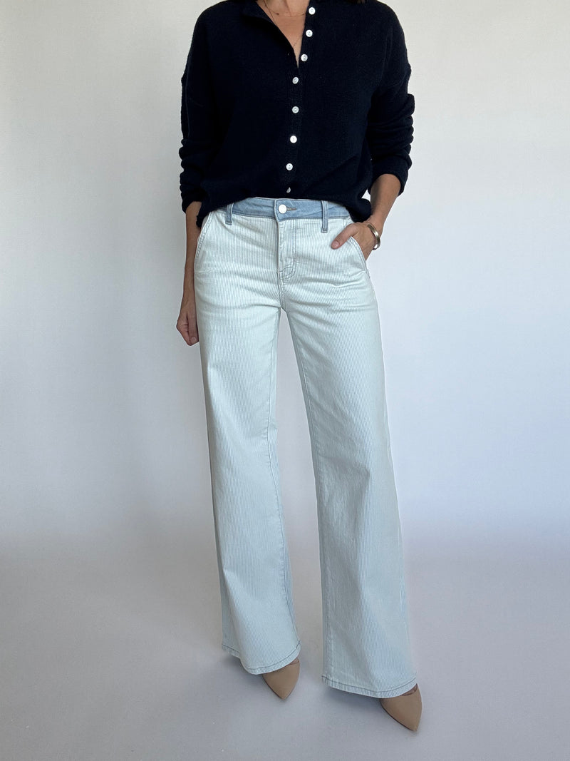 Pinstripe Contrast Waist Jeans