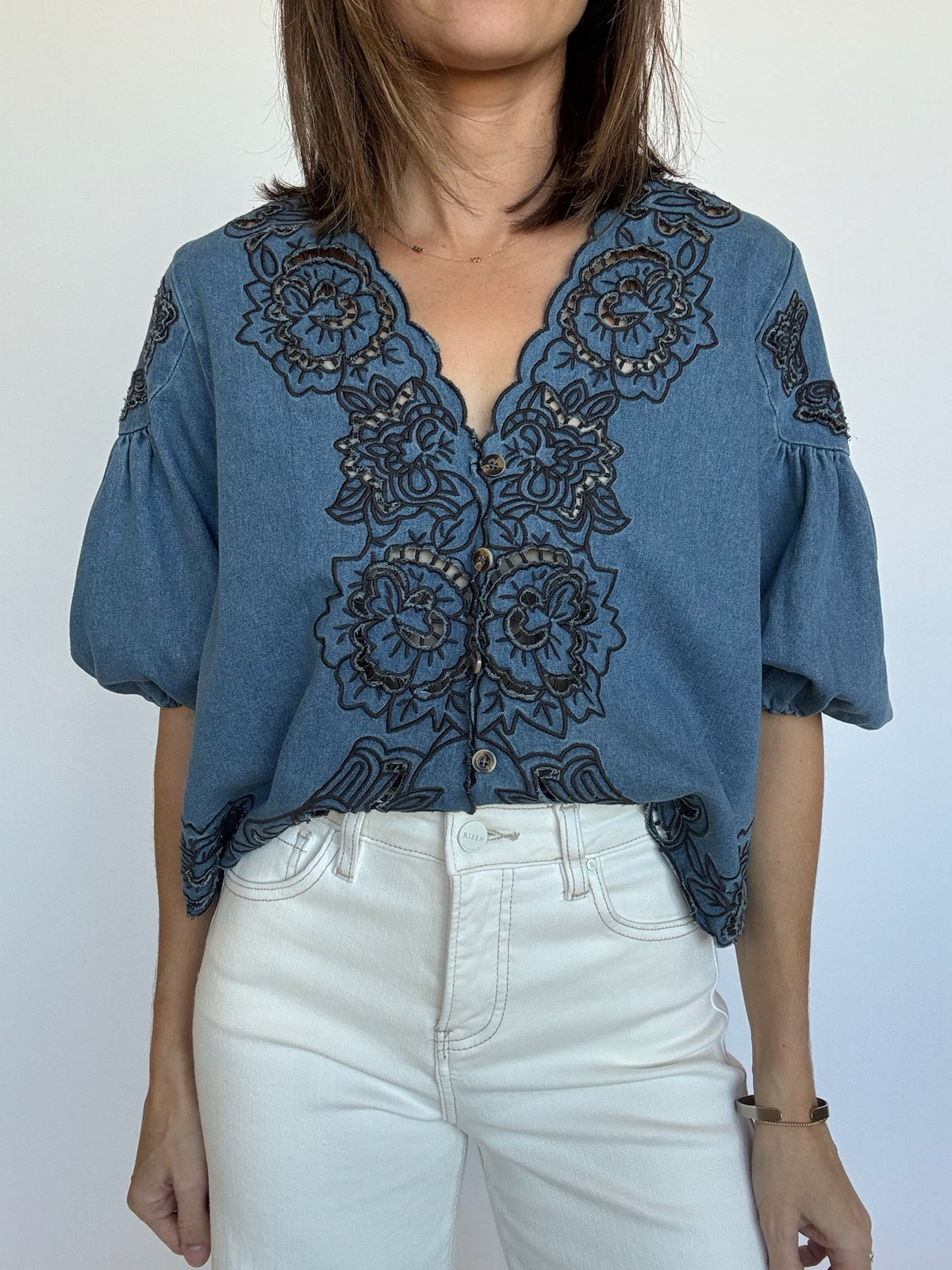 Floral Embroidered Denim Blouse