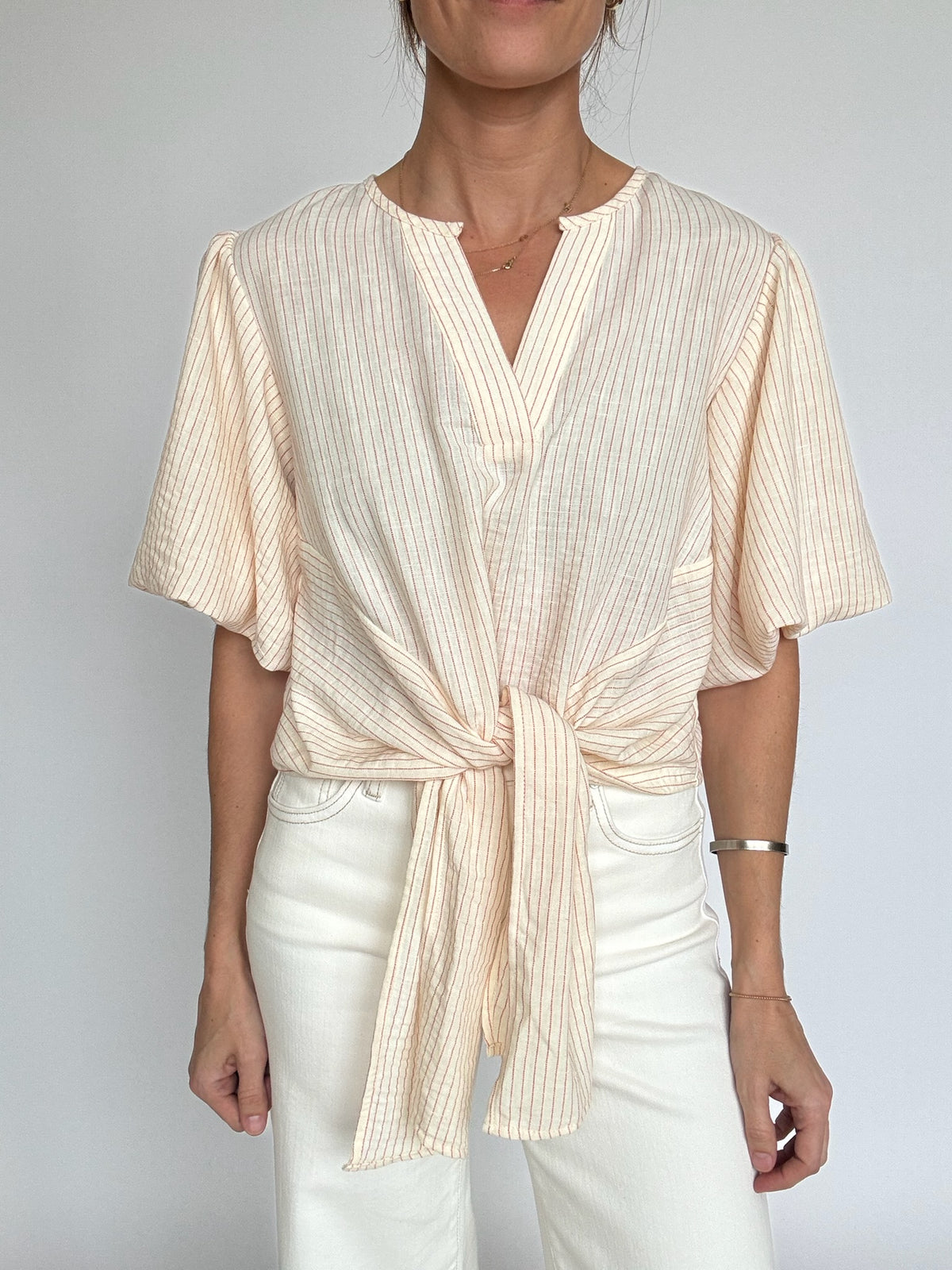 Coral Stripe Front Tie Top