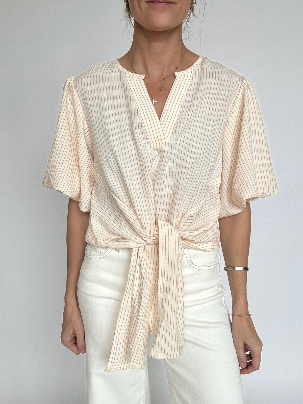 Coral Stripe Front Tie Top