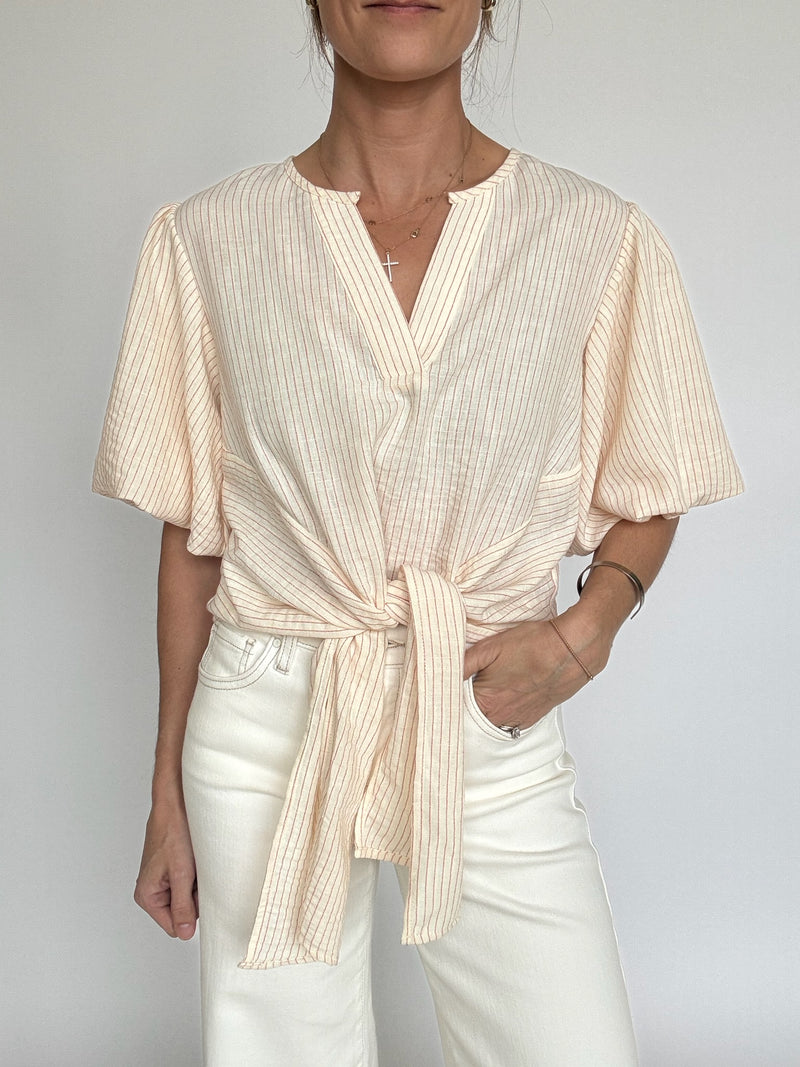 Coral Stripe Front Tie Top