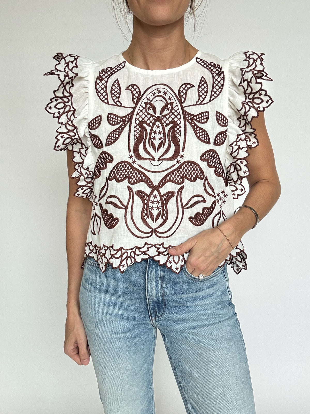 Embroidered Flutter Sleeve Top