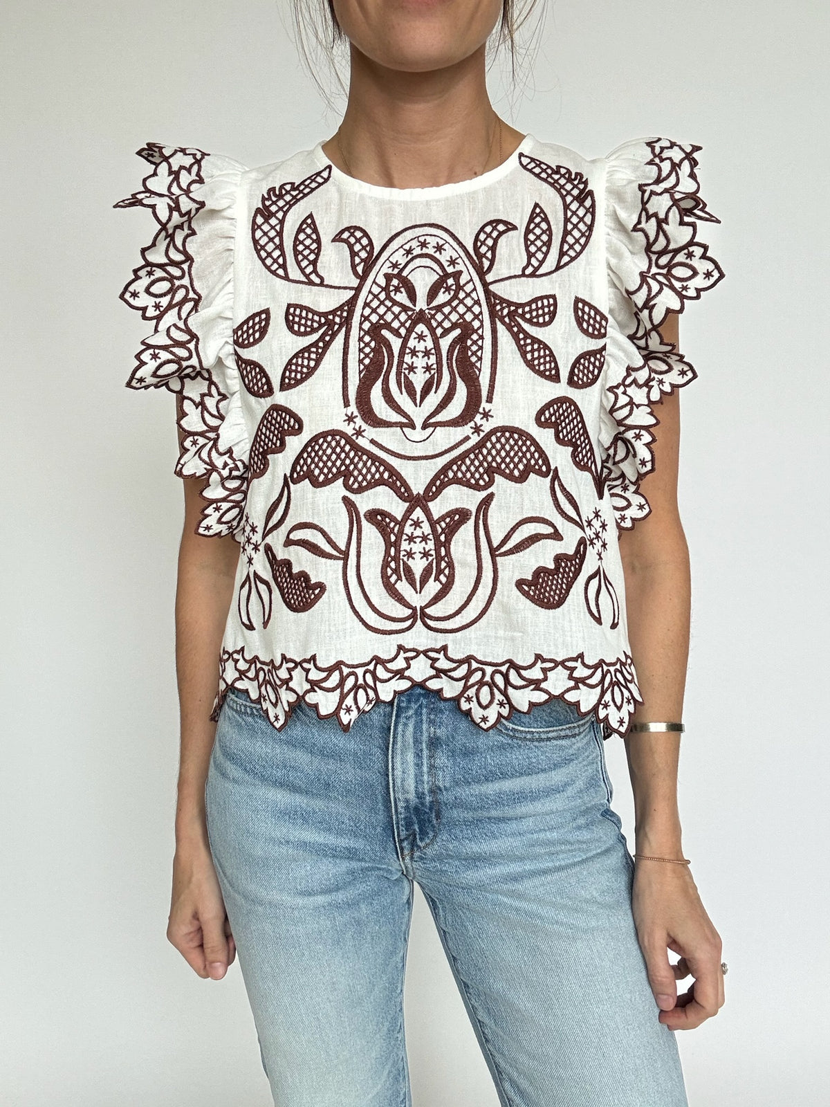 Embroidered Flutter Sleeve Top