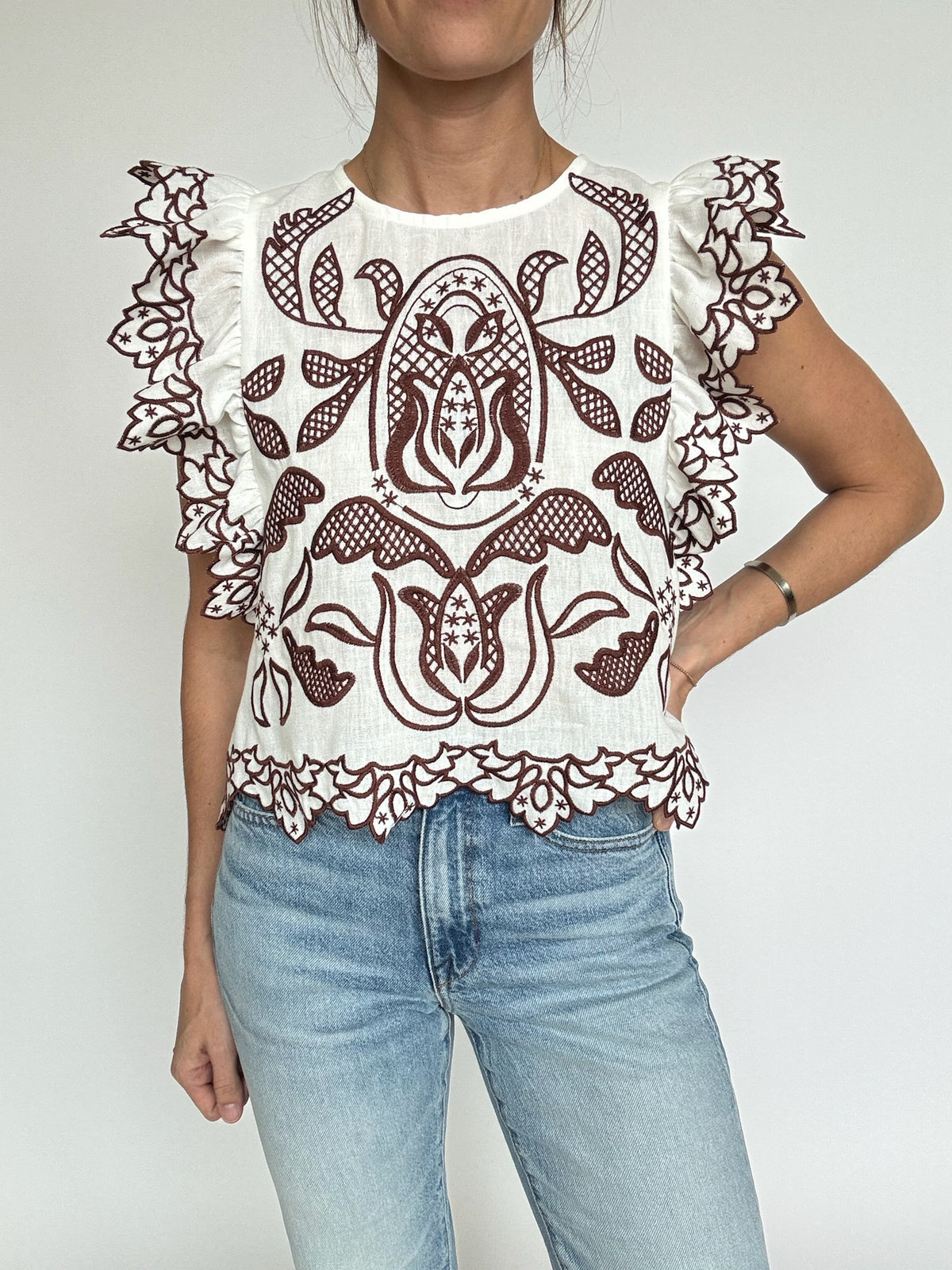 Embroidered Flutter Sleeve Top