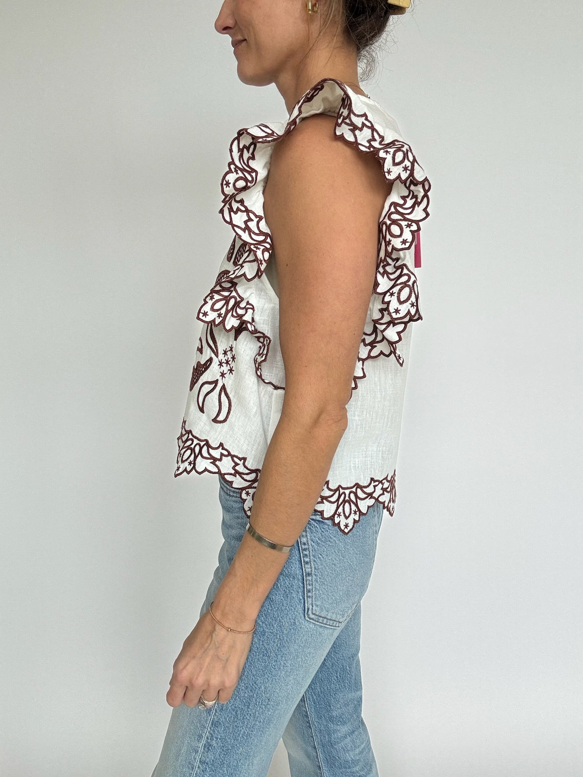 Embroidered Flutter Sleeve Top