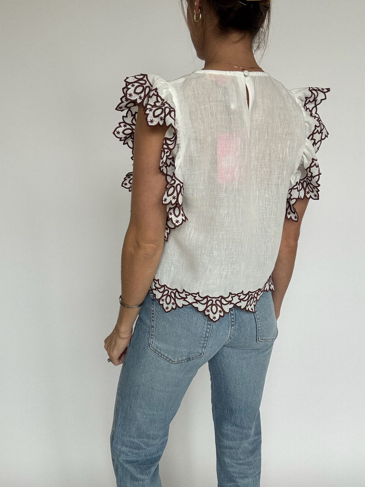 Embroidered Flutter Sleeve Top