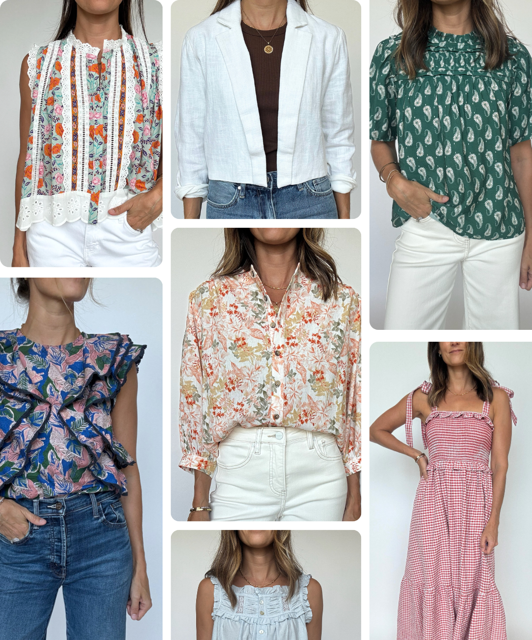 A collage of nine different women's fashion outfits, featuring various tops, dresses, and jeans worn by models in different color and pattern options.